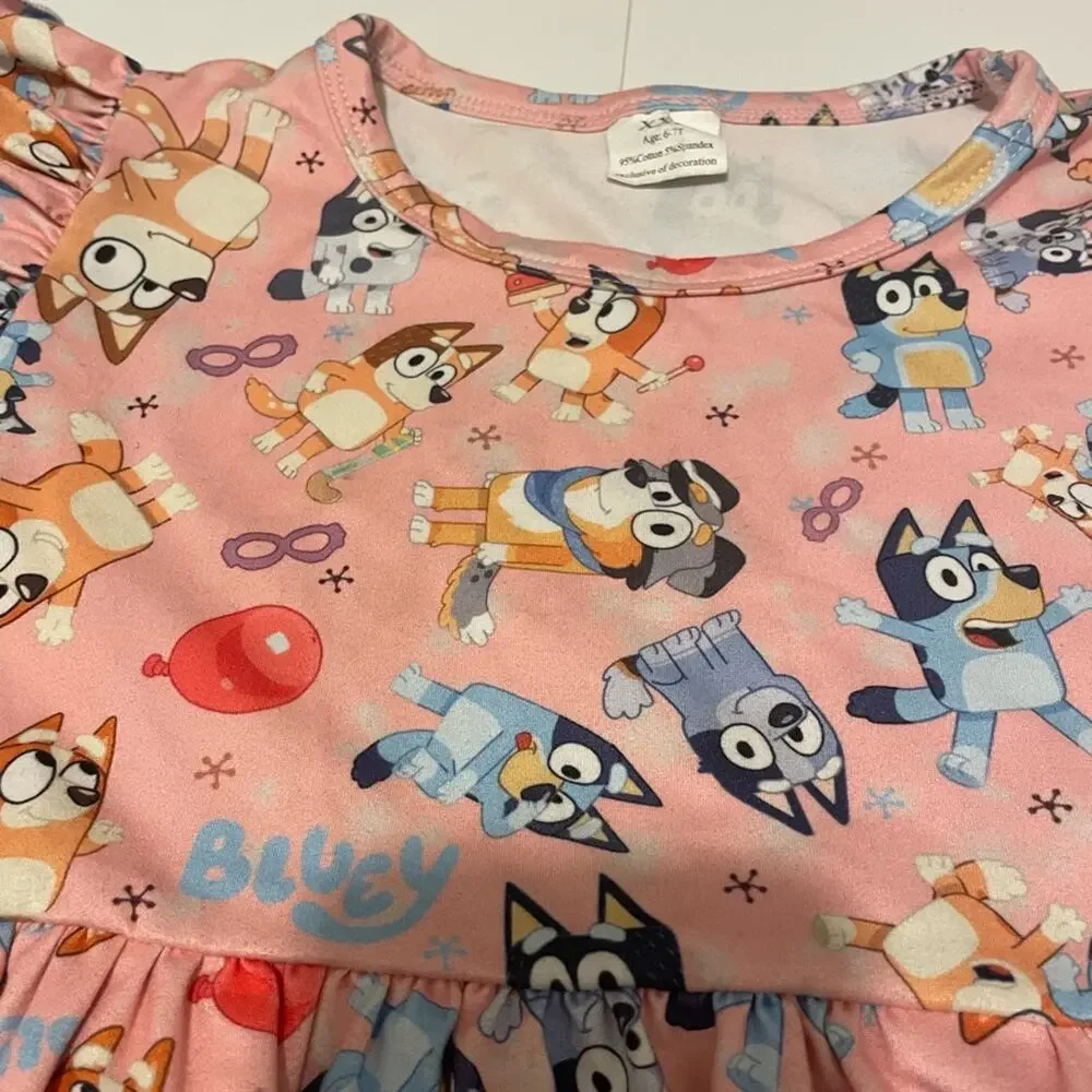 Bluey Dress Pink Ruffles Bingo & Gang Girl's Toddler Size XXL 6-7T Super Soft!